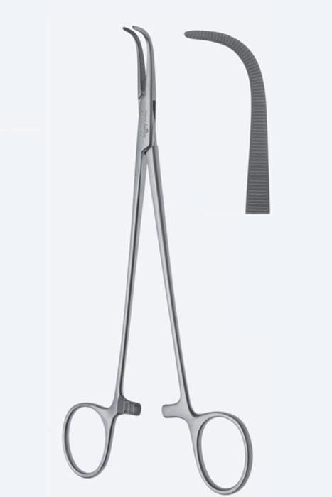 Зажими хірургічні дисекційні та лігатурні De Bakey-Mixter, вигнуті, зубчасті щелепи, з кремальєрою, довжина 200 мм. Бренд - Asanus Medizintechnik Gmb, Німеччина